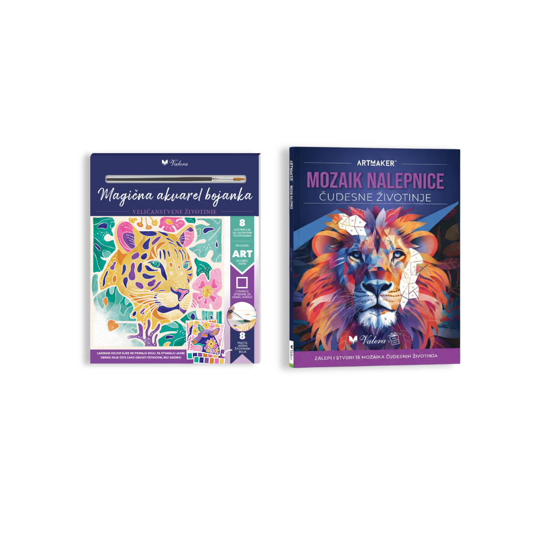 Bundle Carstvo životinja koji sadrži Magičnu akvarel bojanku Veličanstvene životinje i Mozaik nalepnice Čudesne životinje.